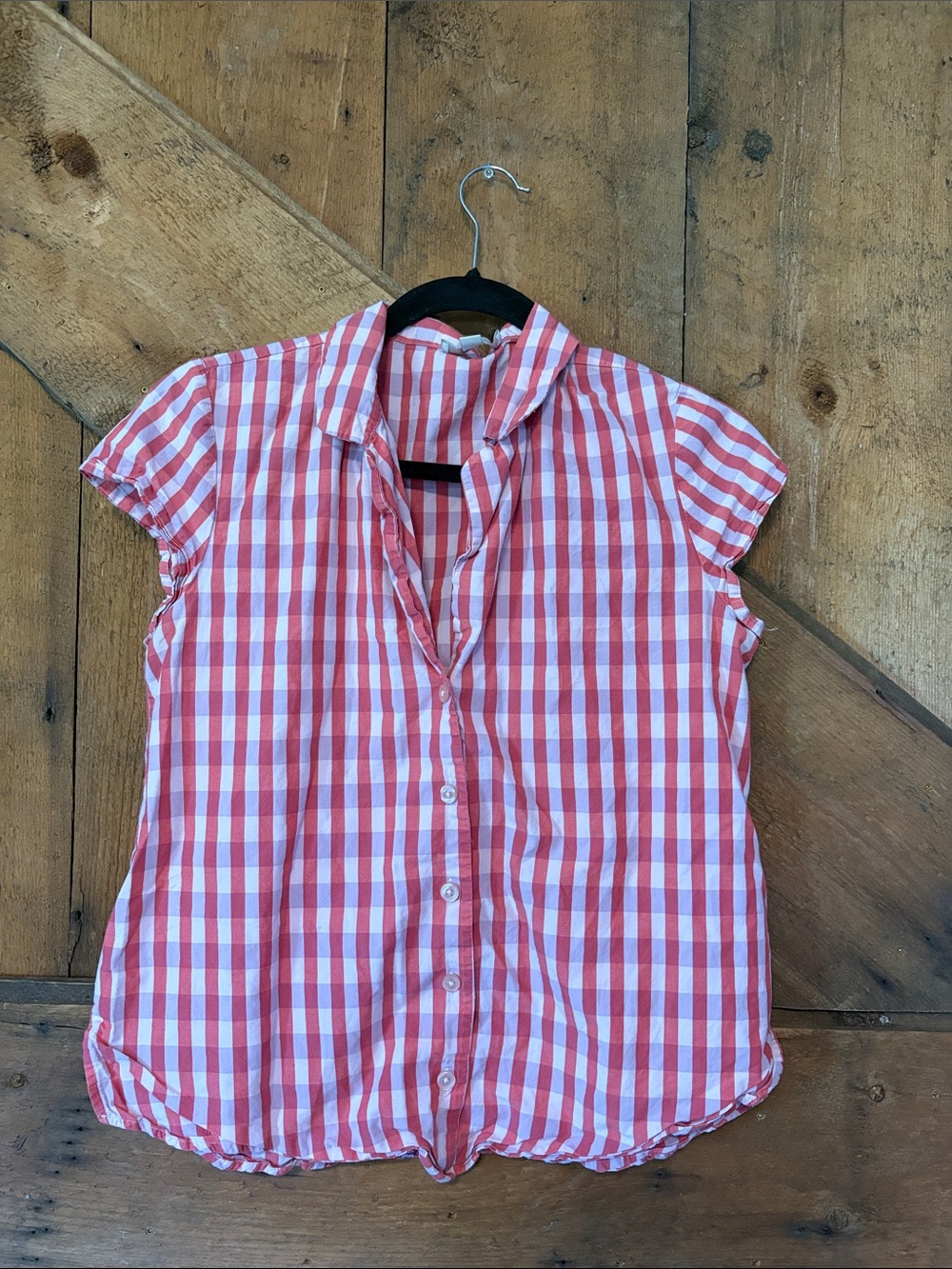 LOFT Pink and White Gingham Button-Down Shirt
